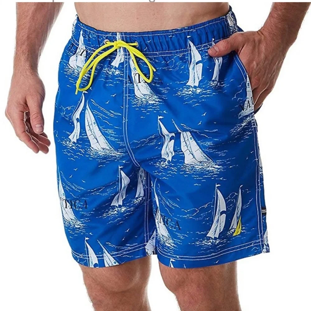 Nautica Vintage Sailboat Print Quick Dry Lined Swim Shorts Blue White Sz XXL NWT